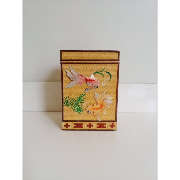 Chinese Shantou reed straw overlay tea caddy with goldfish motif from carved - Picture 3 of 10